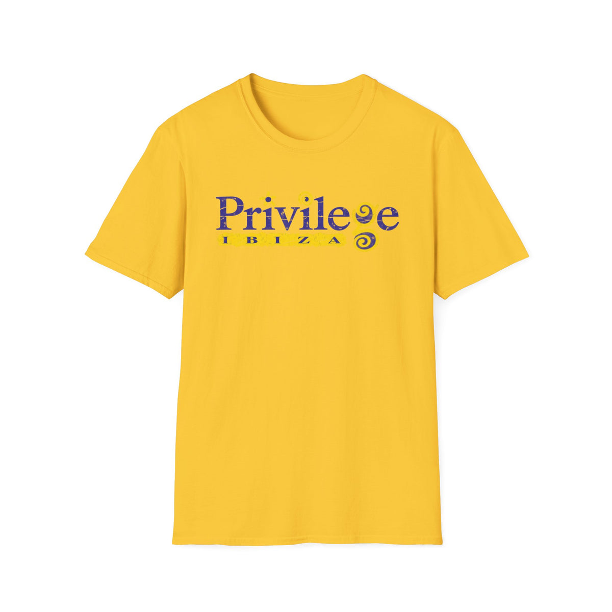 Yellow t-shirt with blue "Privilege Ibiza" text and a spiral graphic.