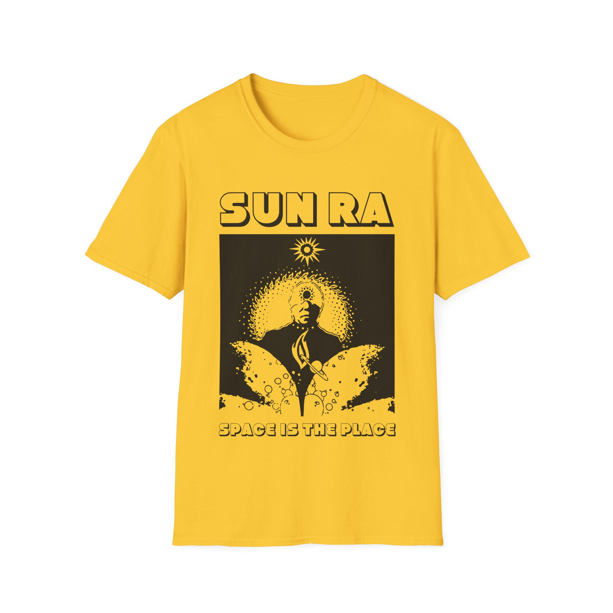 Yellow t-shirt with black Sun Ra "Space is the Place" graphic.