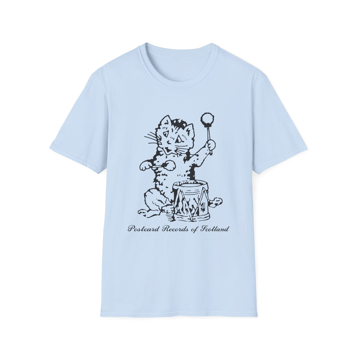 Light blue t-shirt with a black cat illustration and "Postcard Records of Scotland" text.