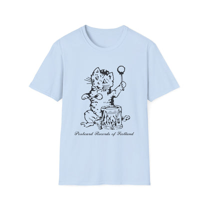 Light blue t-shirt with a black cat illustration and "Postcard Records of Scotland" text.
