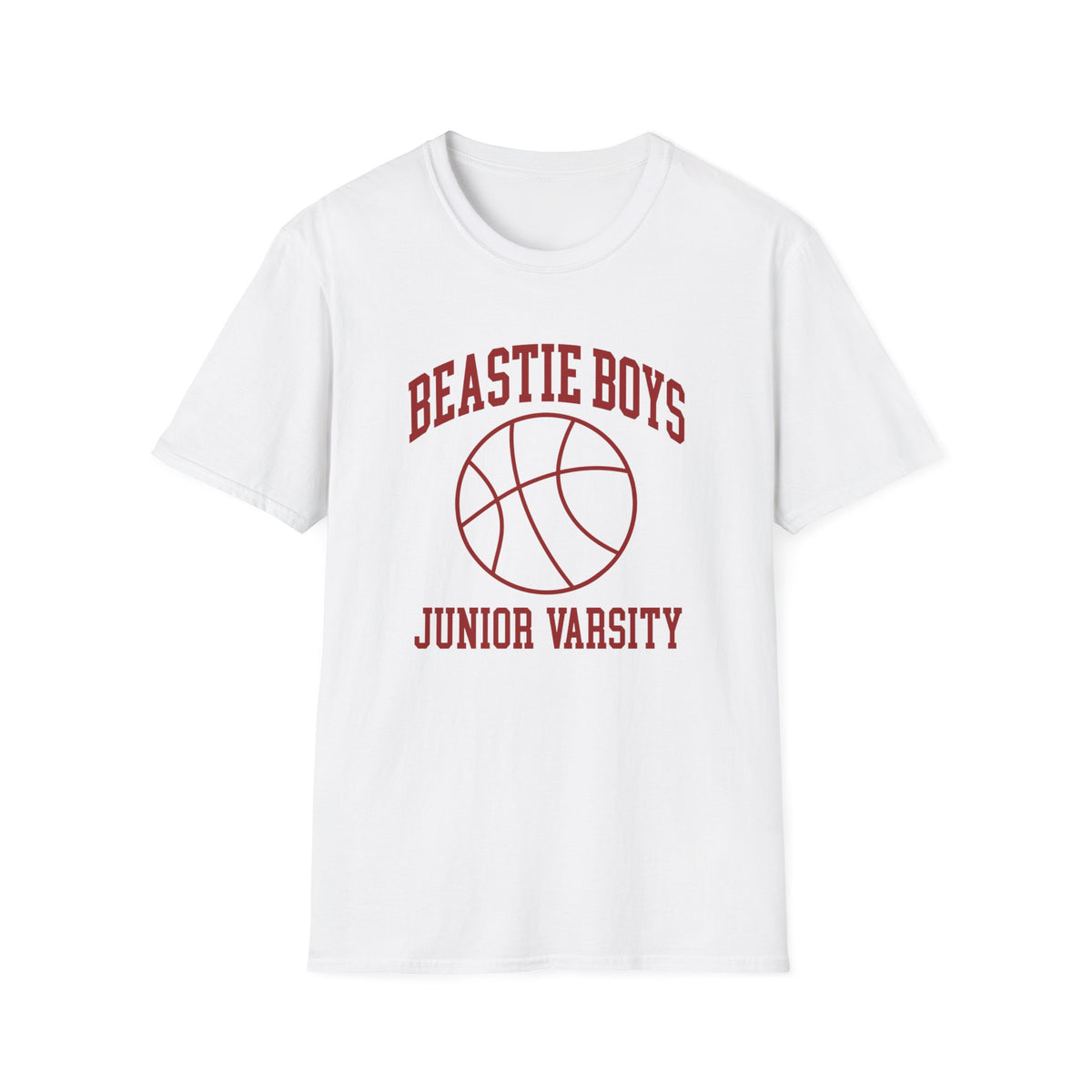 White t-shirt with maroon Beastie Boys Junior Varsity basketball graphic.