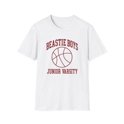 White t-shirt with maroon Beastie Boys Junior Varsity basketball graphic.