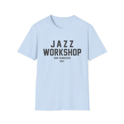 Light blue t-shirt with "JAZZ WORKSHOP SAN FRANCISCO 1957" text.