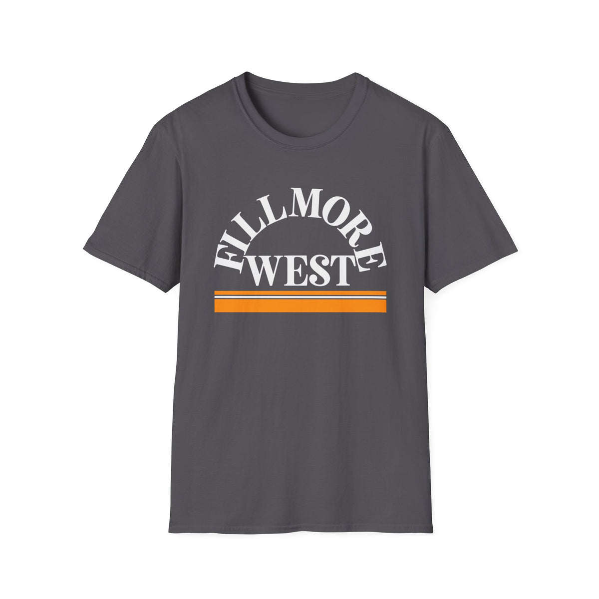 Gray t-shirt with arched "Fillmore West" text and orange stripes.