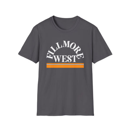 Gray t-shirt with arched "Fillmore West" text and orange stripes.