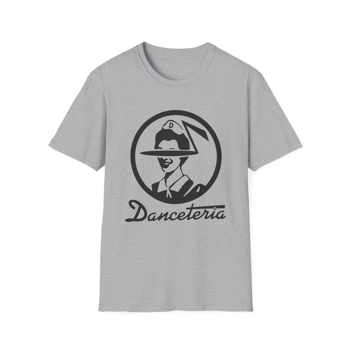 Grey t-shirt with a black circular logo featuring a person in a hat and the word "Danceteria".