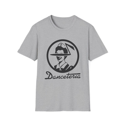Grey t-shirt with a black circular logo featuring a person in a hat and the word "Danceteria".