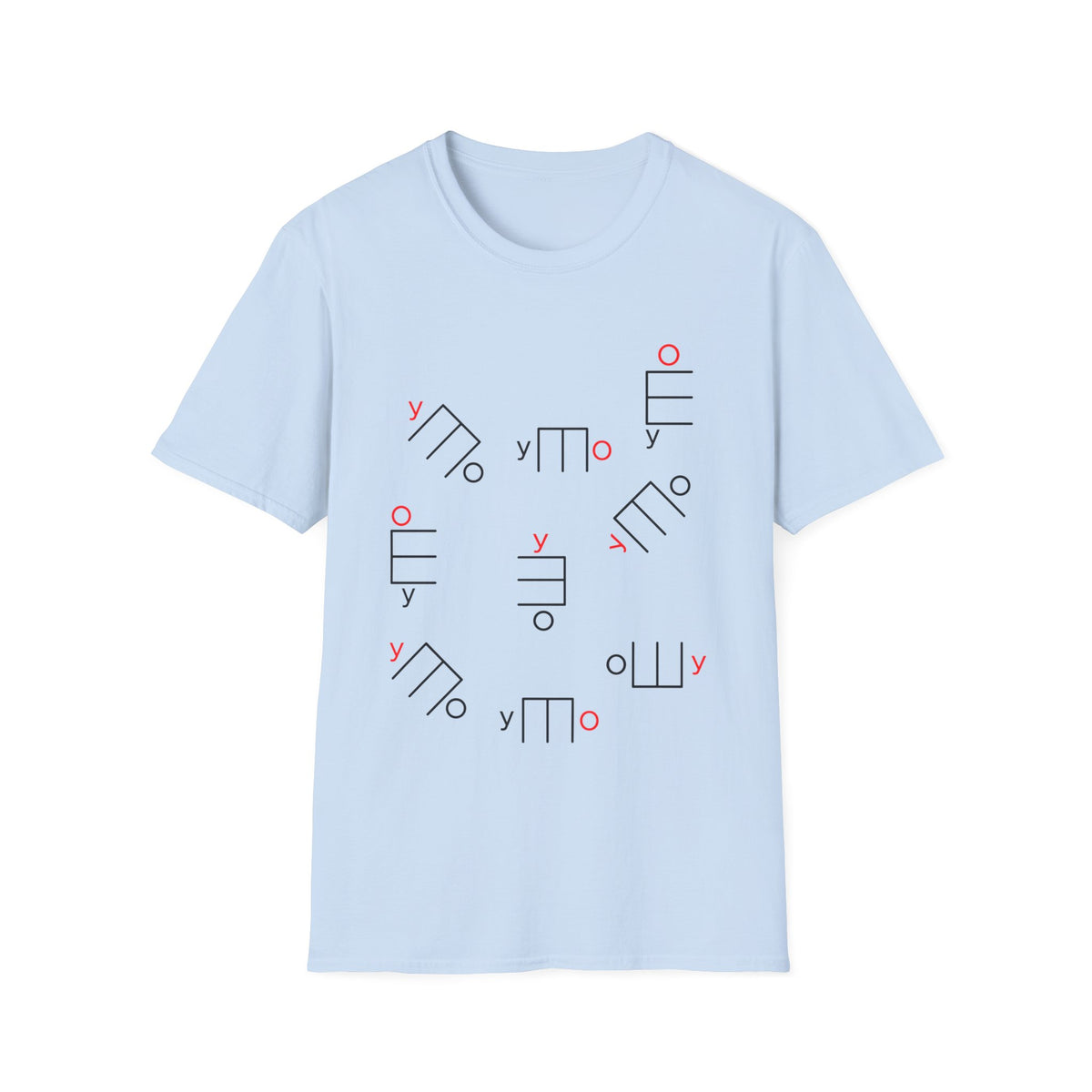 Light blue t-shirt with a scattered pattern of geometric shapes and red letters.