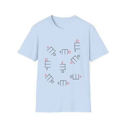 Light blue t-shirt with a scattered pattern of geometric shapes and red letters.