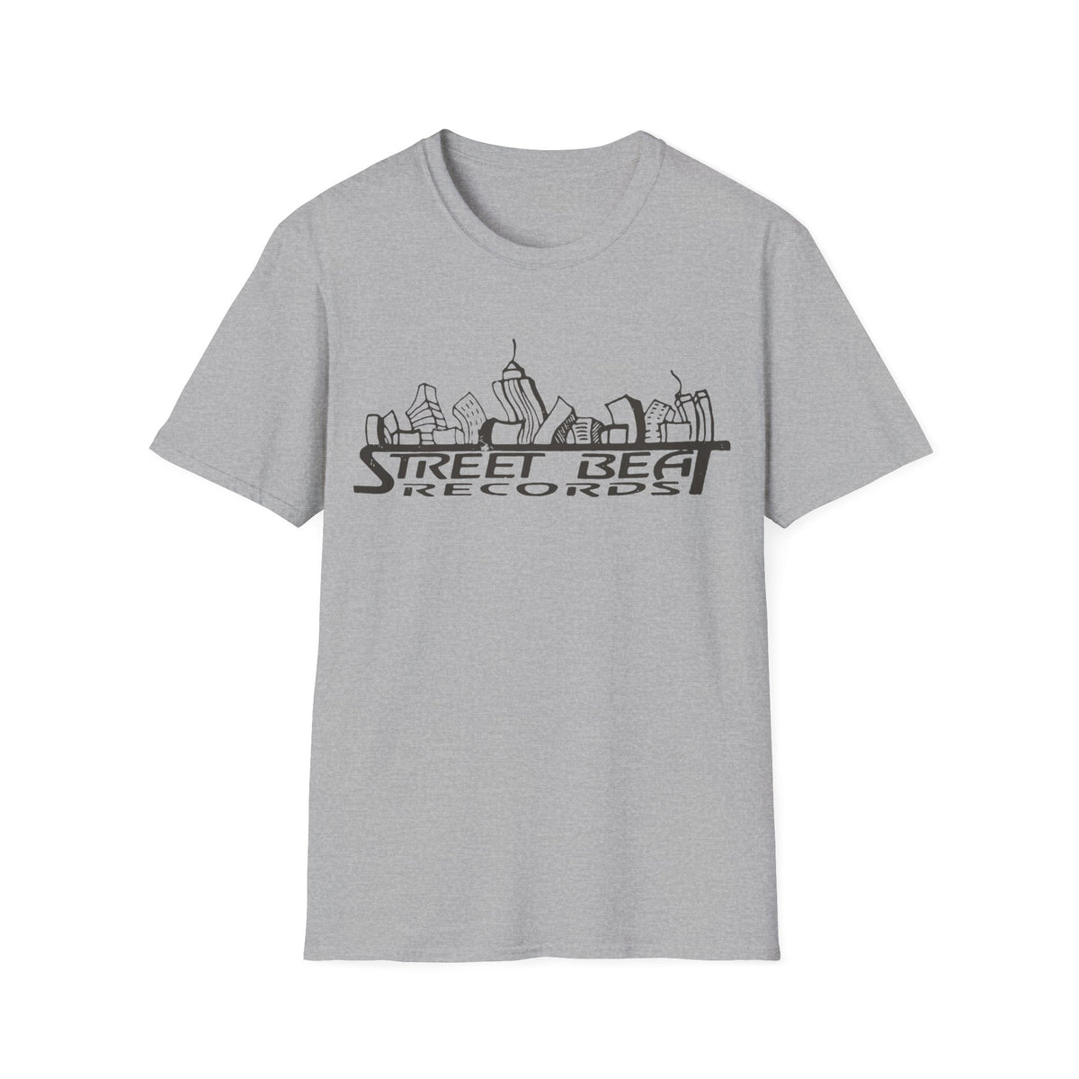 Grey t-shirt with "STREET BEAT RECORDS" and a city skyline graphic.