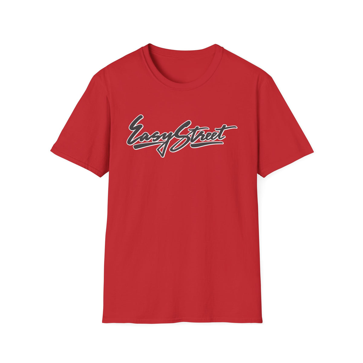Red t-shirt with "Easy Street" script logo in black and white.