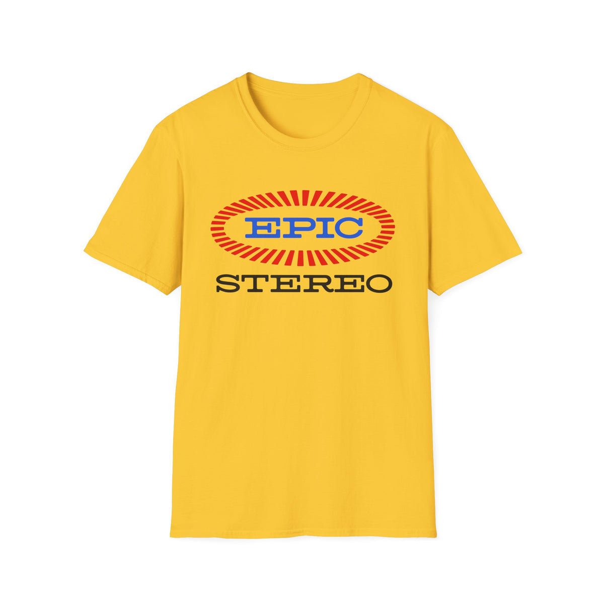 Yellow t-shirt with oval "EPIC STEREO" logo in red, blue, and black.