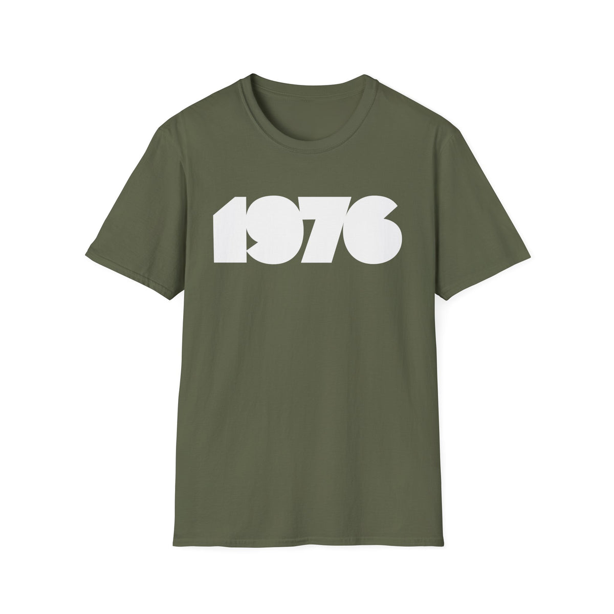 Olive green t-shirt with white "1976" graphic.