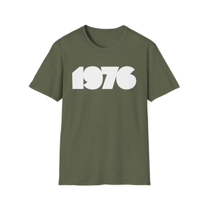 Olive green t-shirt with white "1976" graphic.