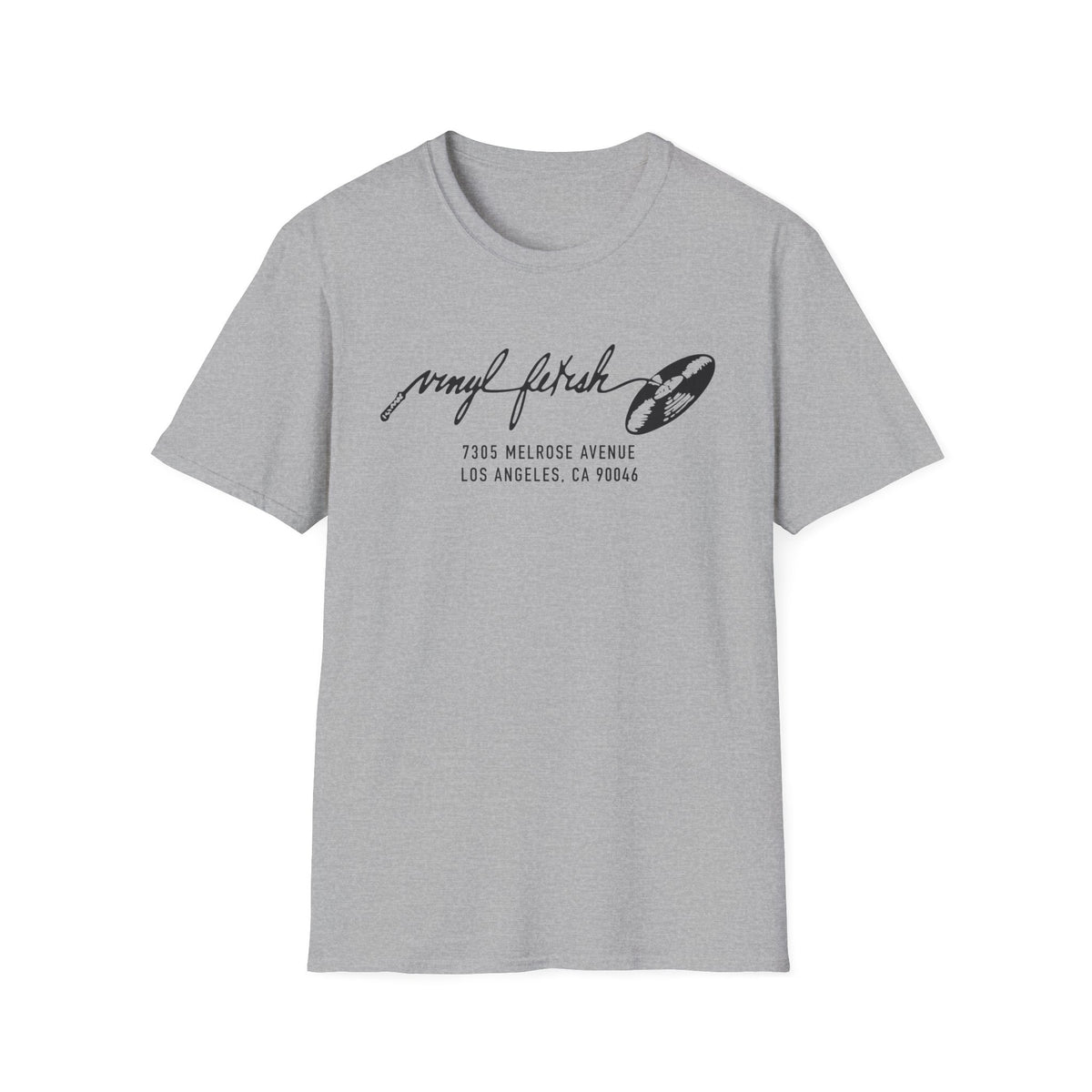 Grey t-shirt with "vinyl fetish" logo and Los Angeles address.