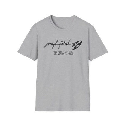 Grey t-shirt with "vinyl fetish" logo and Los Angeles address.