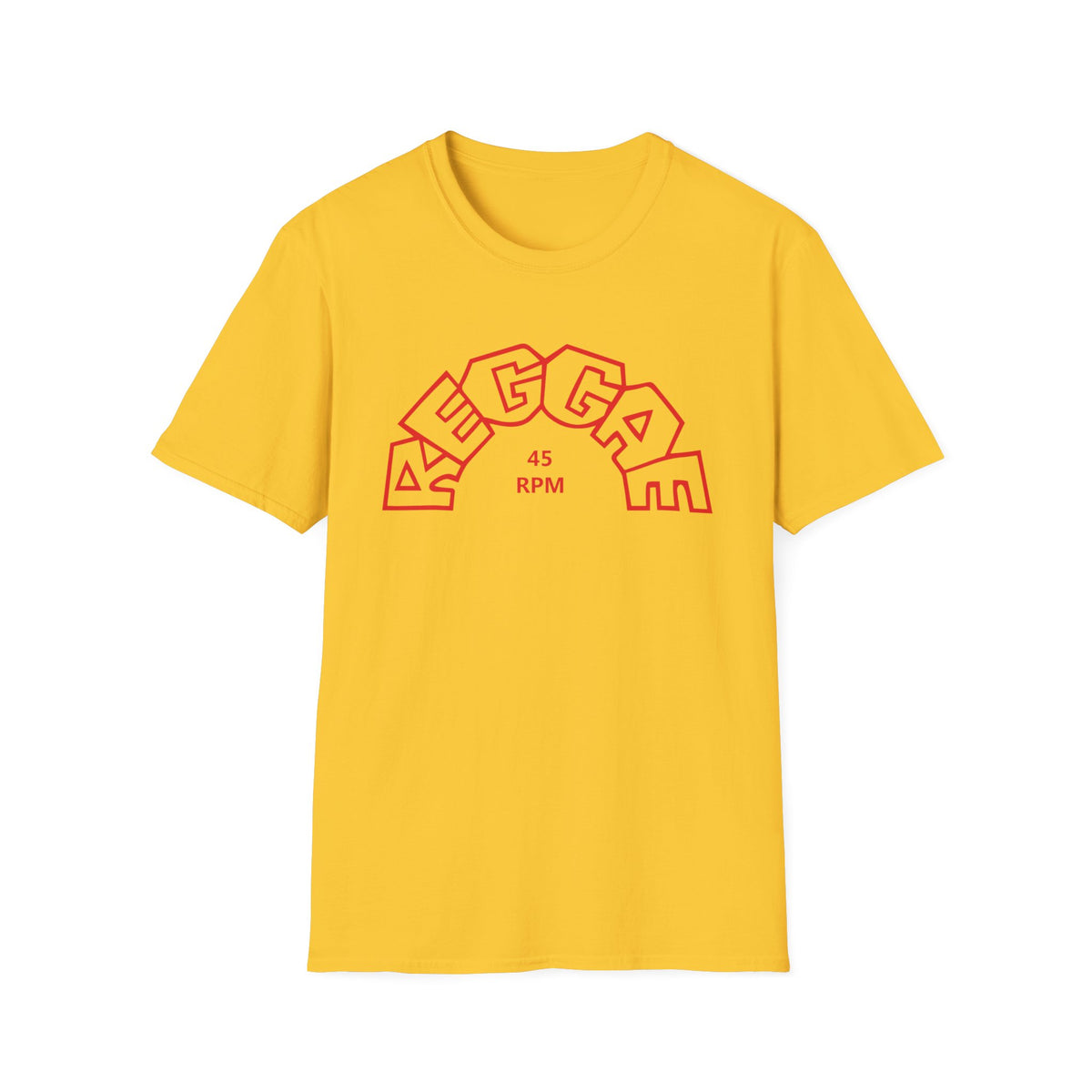 Yellow t-shirt with red "REGGAE 45 RPM" text in an arched design.