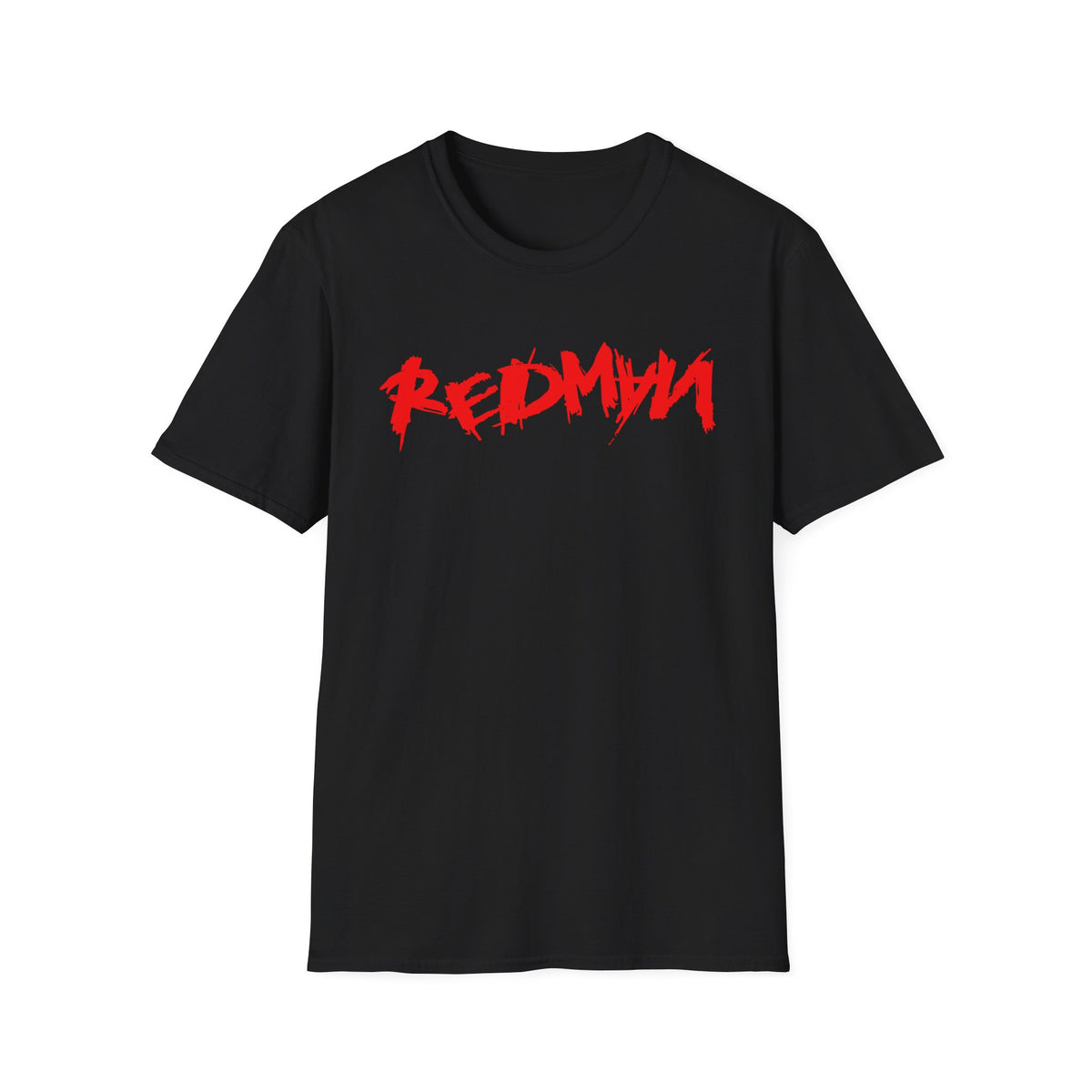 Black t-shirt with red "REDMYN" text graphic on the front.