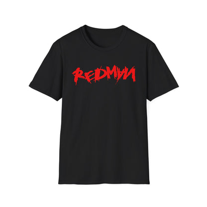 Black t-shirt with red "REDMYN" text graphic on the front.