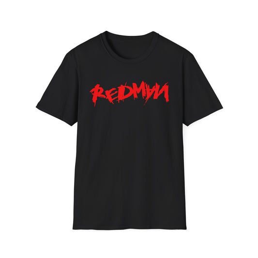 Black t-shirt with red "REDMYN" text graphic on the front.