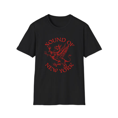 Black t-shirt with red "Sound of New York" text and griffin graphic.