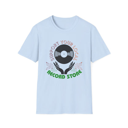 A light blue t-shirt with a graphic of hands holding a record and text reading Support Your Local Record Store.