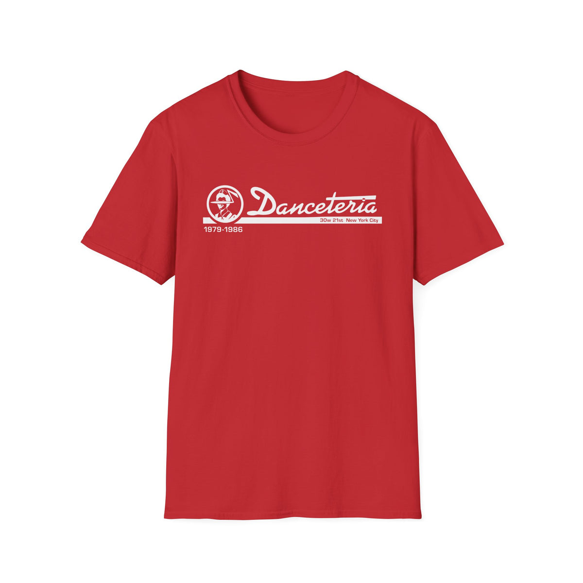 Red t-shirt with white Danceteria logo and address.