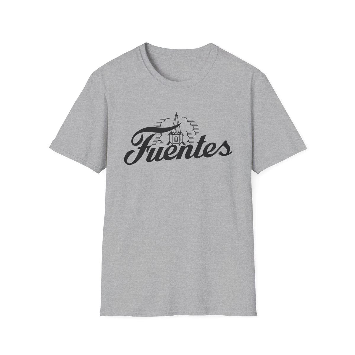 Grey t-shirt with black "Fuentes" text and tower graphic.