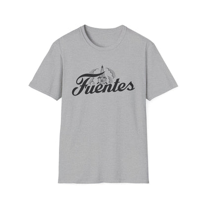 Grey t-shirt with black "Fuentes" text and tower graphic.