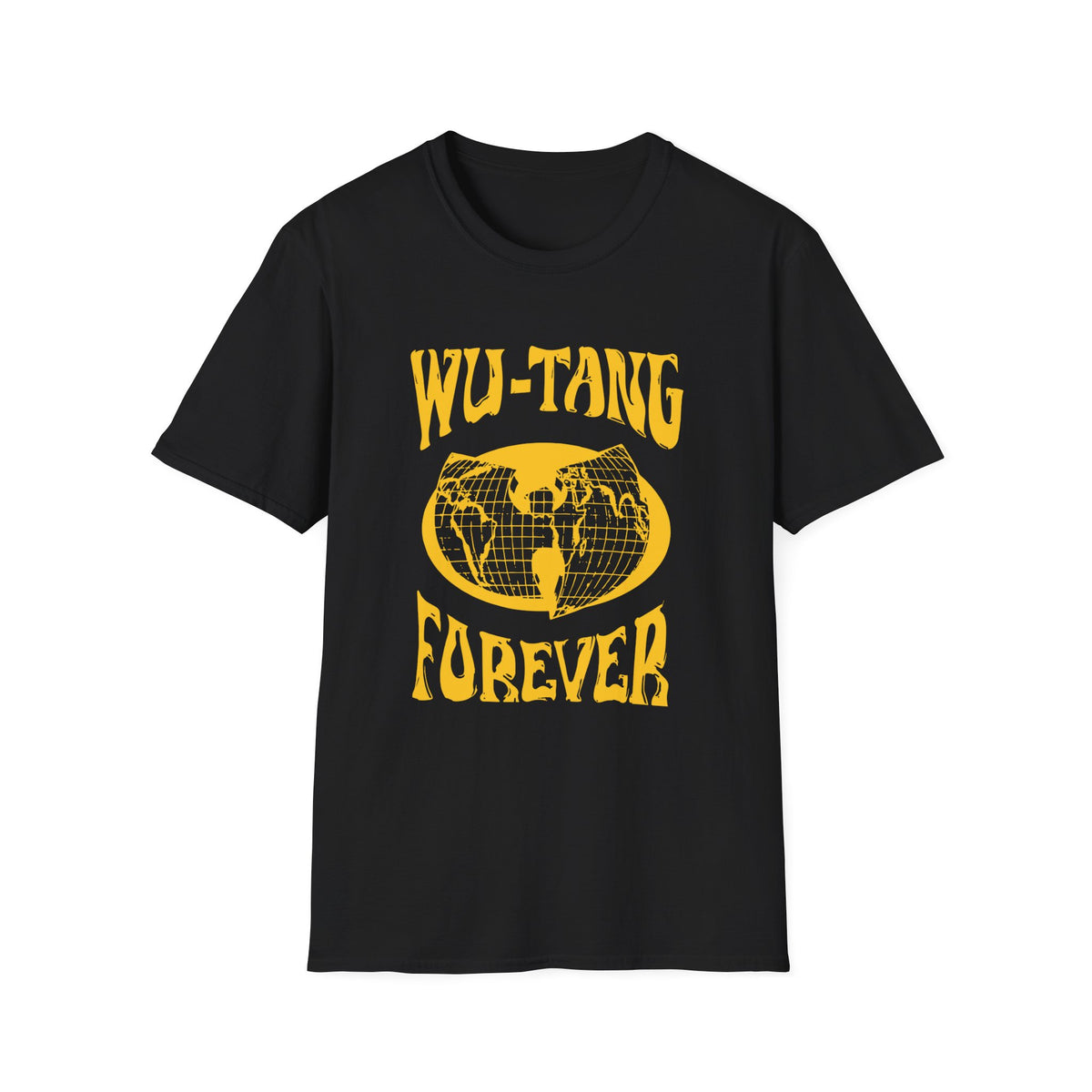 Black t-shirt with yellow "Wu-Tang Forever" text and globe graphic.