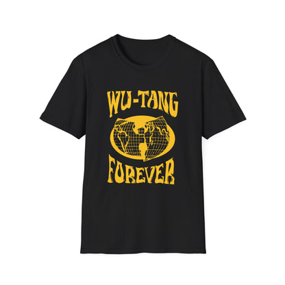 Black t-shirt with yellow "Wu-Tang Forever" text and globe graphic.