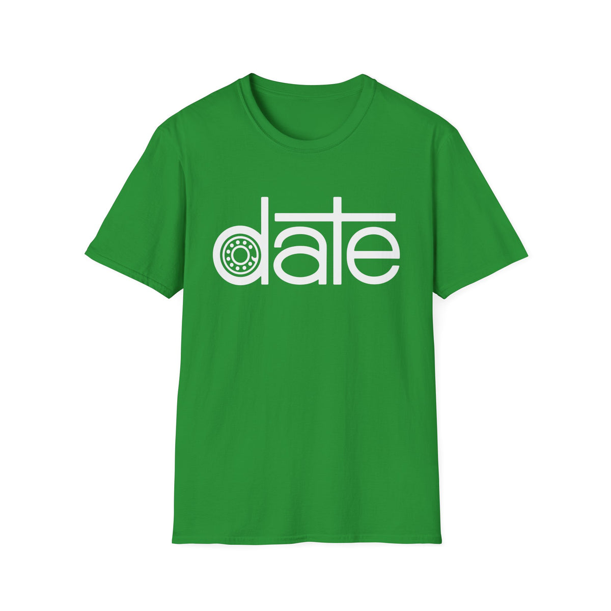Green t-shirt with white text "date" featuring a circular pattern in the "a".