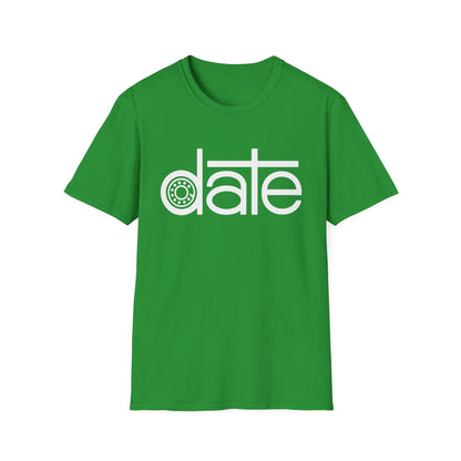 Green t-shirt with white text "date" featuring a circular pattern in the "a".