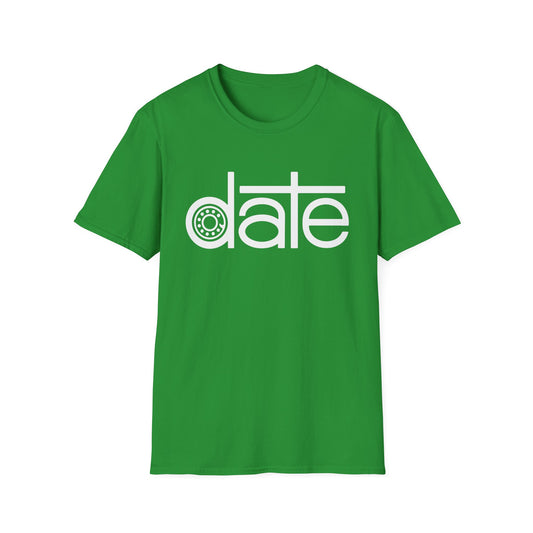 Green t-shirt with white text "date" featuring a circular pattern in the "a".
