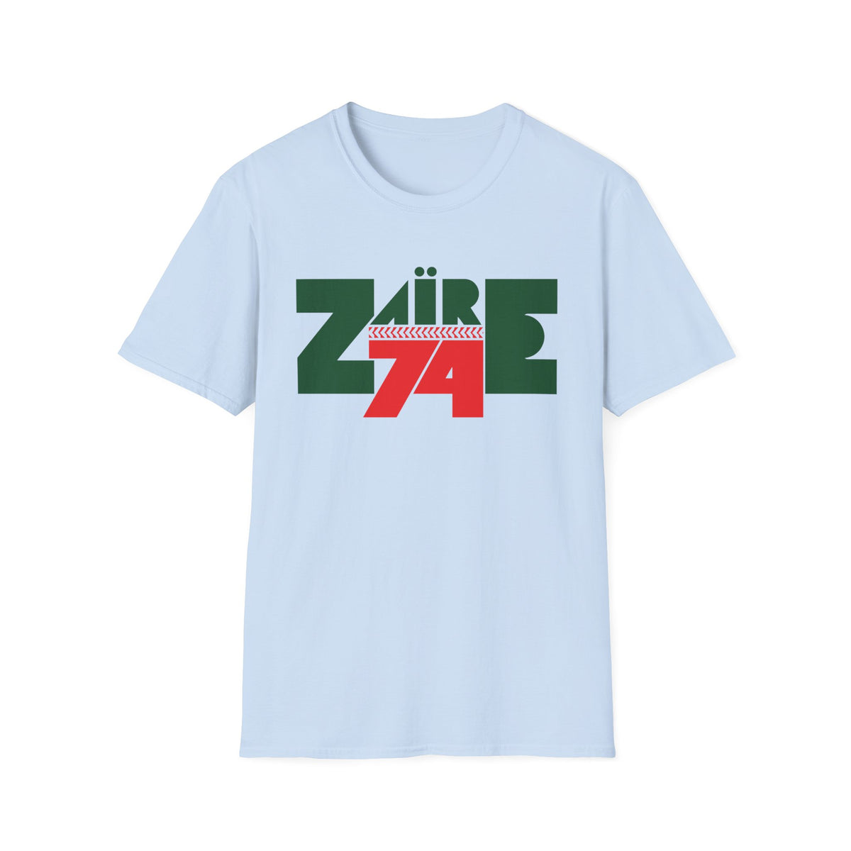 Light blue t-shirt with green text "ZAIRE" and red "74" with chevron pattern.