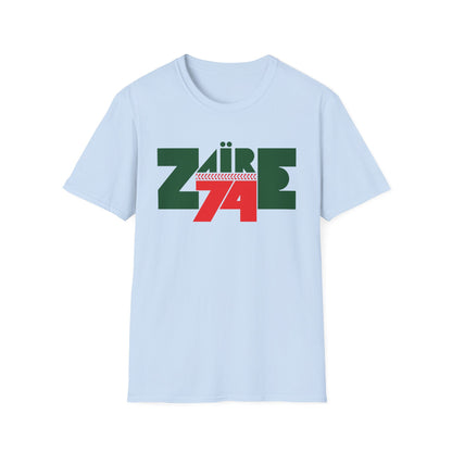 Light blue t-shirt with green text "ZAIRE" and red "74" with chevron pattern.