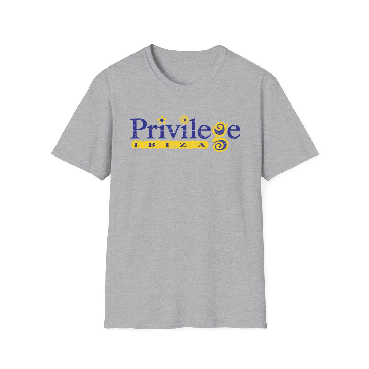 Grey t-shirt with blue "Privilege" and yellow "IBIZA" text and graphics.