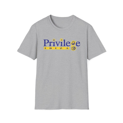 Grey t-shirt with blue "Privilege" and yellow "IBIZA" text and graphics.