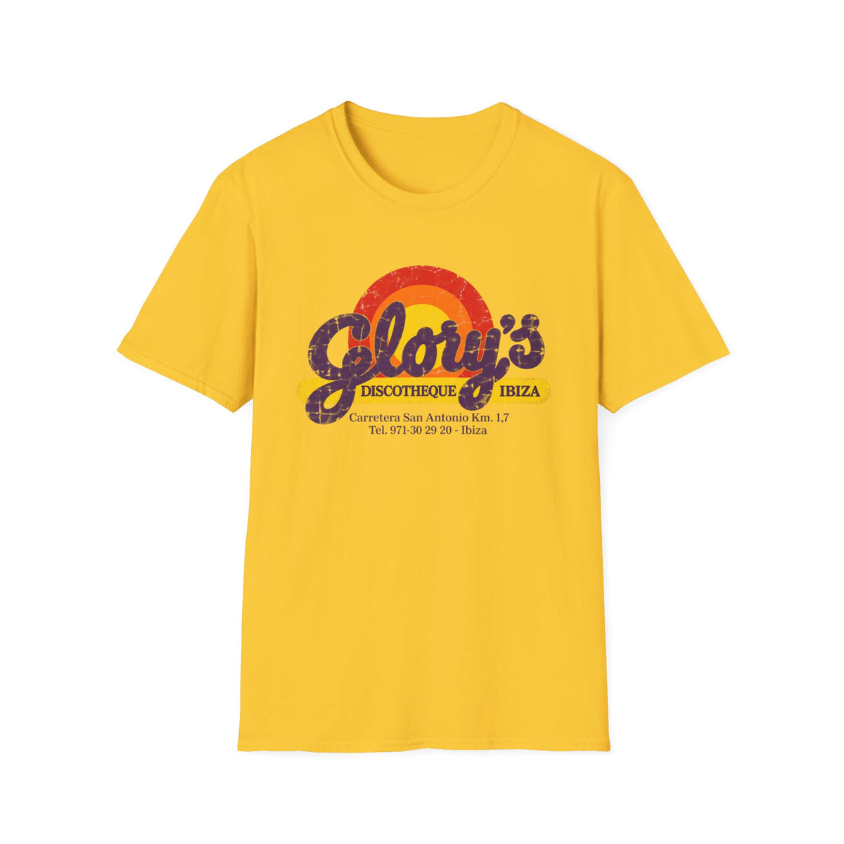 Yellow t-shirt with "Glory's Discotheque Ibiza" text and rainbow graphic.
