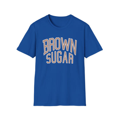 Blue t-shirt with brown and white text reading "BROWN SUGAR".
