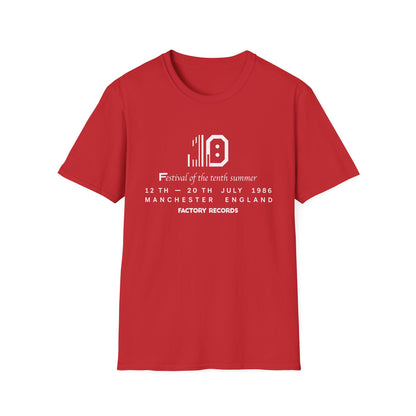 Red t-shirt with "Factory Records" and "Festival of the tenth summer" text.