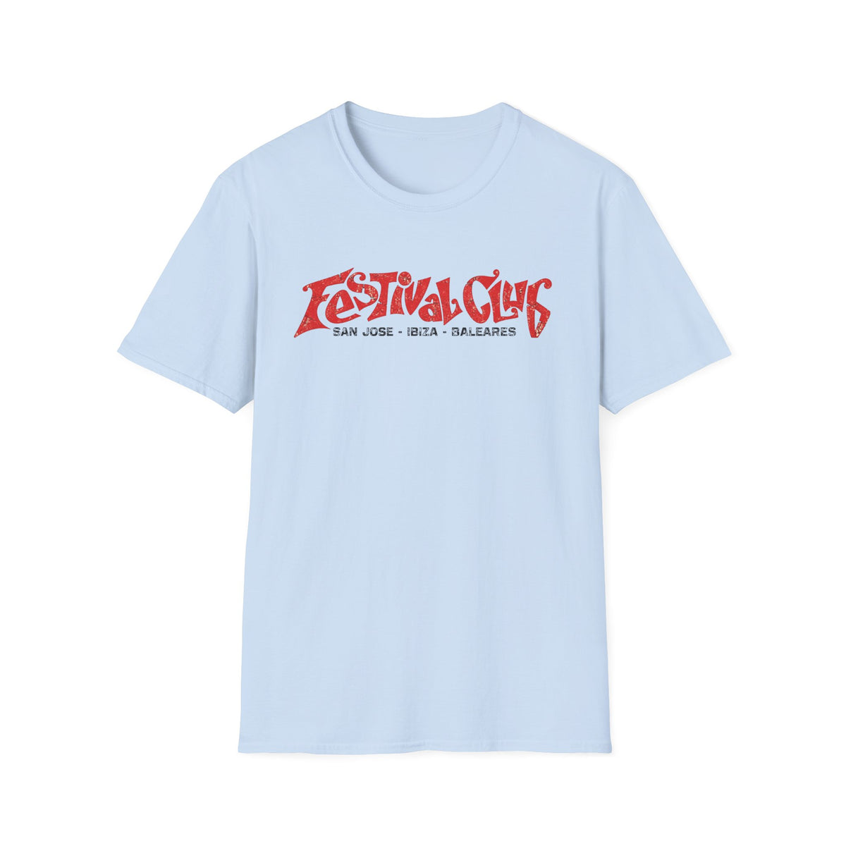 Light blue t-shirt with red "Festival Club" and "San Jose - Ibiza - Baleares" text.