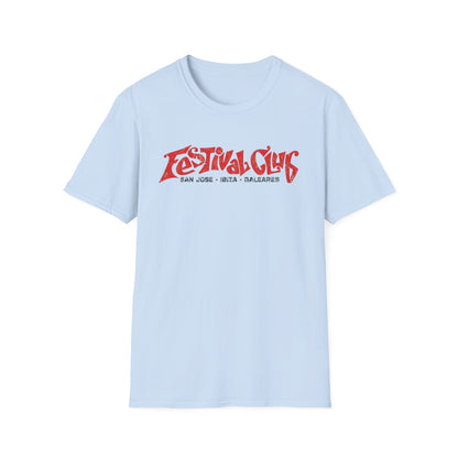 Light blue t-shirt with red "Festival Club" and "San Jose - Ibiza - Baleares" text.