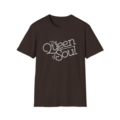 Brown t-shirt with white text "The Queen of Soul Aretha Franklin."