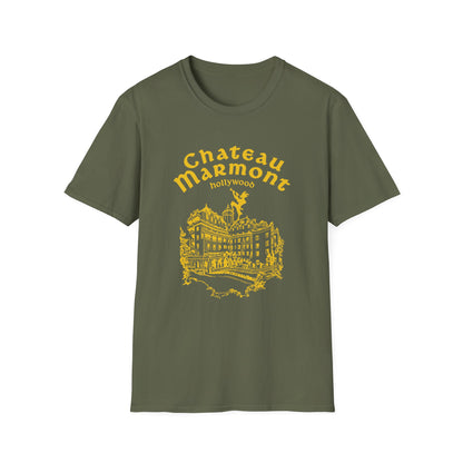 Olive green t-shirt with yellow Chateau Marmont Hollywood graphic.