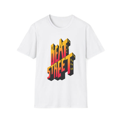 White t-shirt with 3D "BEAT STREET" text graphic in orange and yellow.