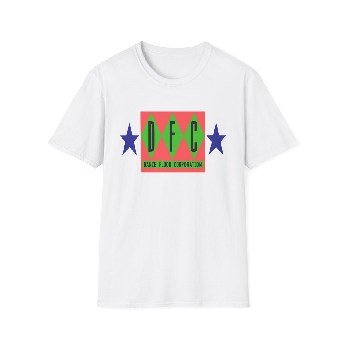 White t-shirt with a red and green graphic featuring DFC and "Dance Floor Corporation".