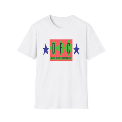 White t-shirt with a red and green graphic featuring DFC and "Dance Floor Corporation".