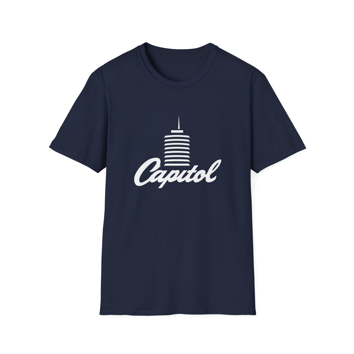 Navy t-shirt with white "Capitol" text and a stylized building graphic.
