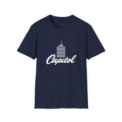 Navy t-shirt with white "Capitol" text and a stylized building graphic.